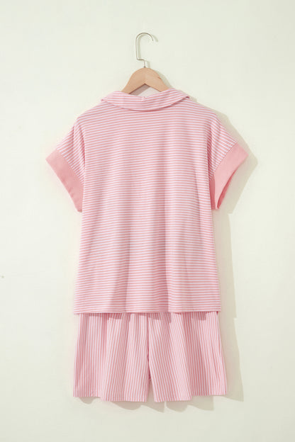 Pink Stripe Dolman Sleeve Polo Shirt and Drawstring Shorts Set