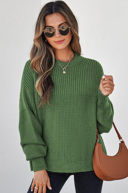 Vineyard Green Solid Color Mixed Textured Knitted Crew Neck Sweater
