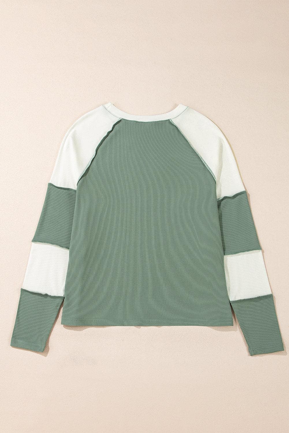 Tops/Long Sleeve Tops Mint Green Ribbed Colorblock Patchwork Raglan Long Sleeve Top