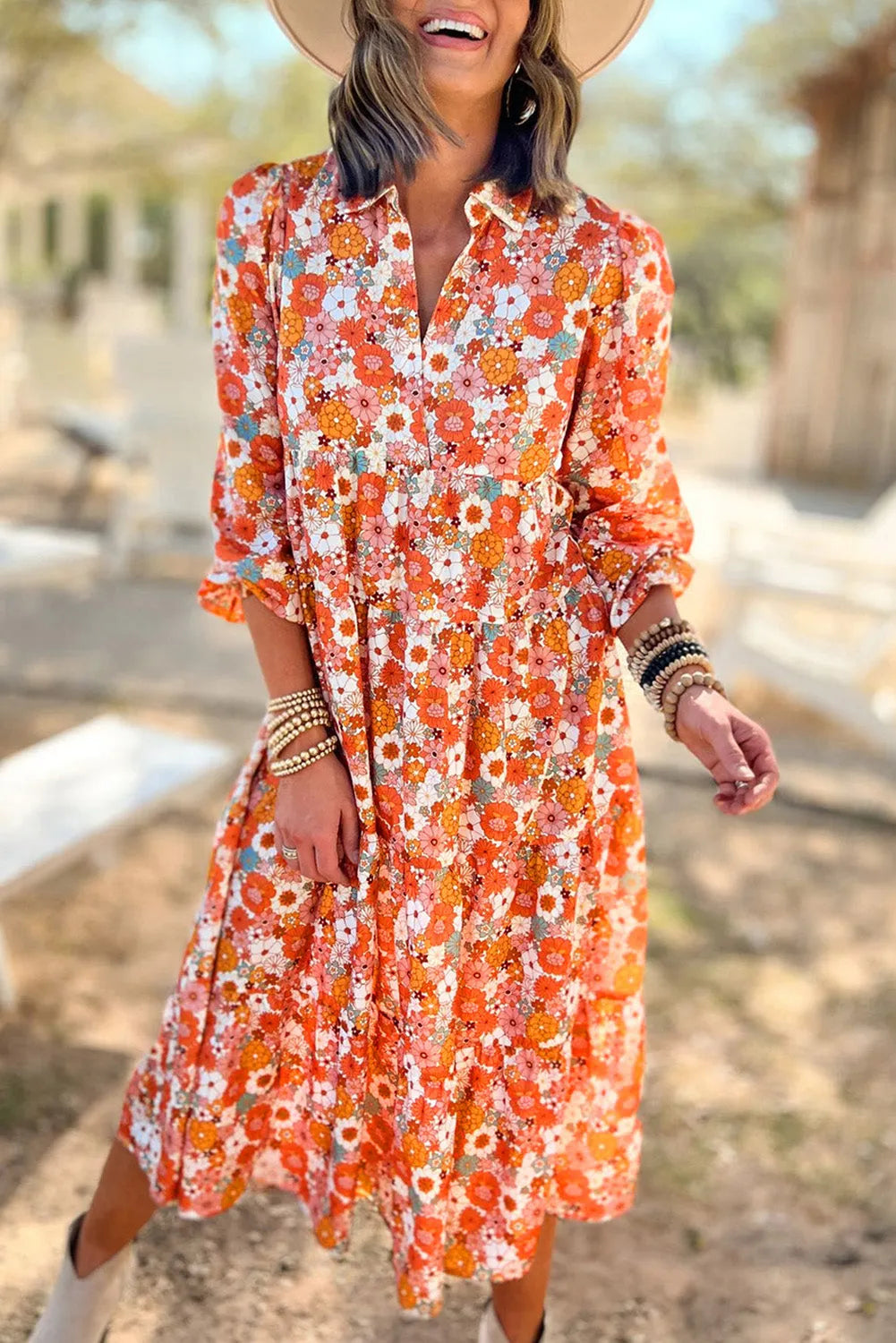 Dresses/Floral Dresses Multicolor / S / 100%Polyester Multicolor Boho Floral Collared Long Sleeve Ruffled Dress