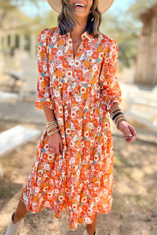 Multicolor Boho Floral Collared Long Sleeve Ruffled Dress - Chic Meadow Boutique 