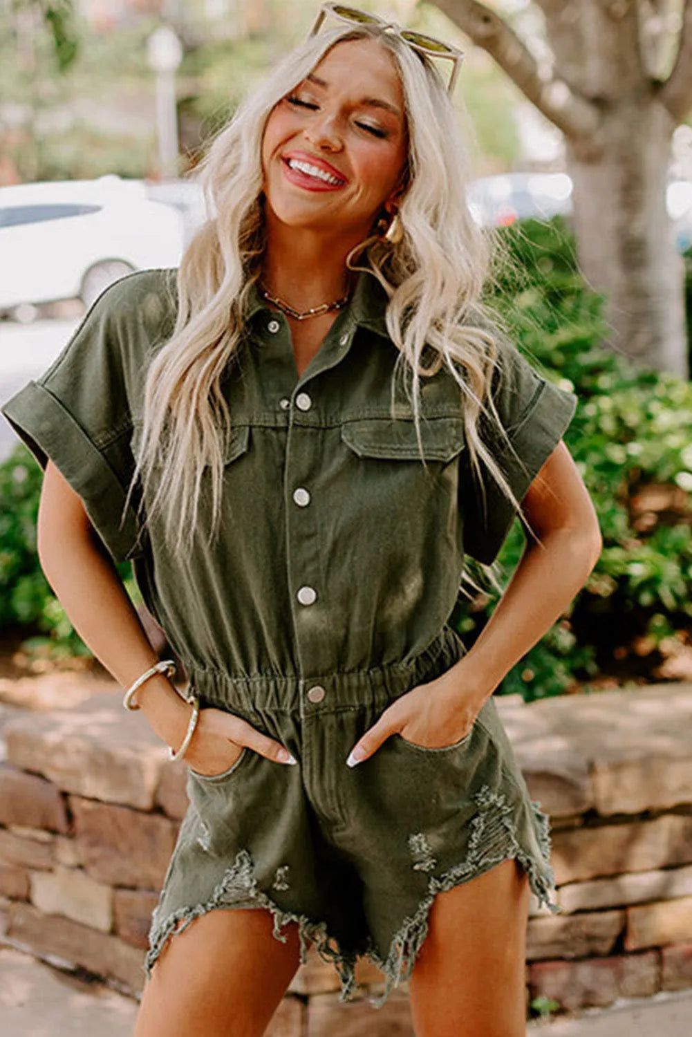 Moss Green Distressed Frayed Denim Romper - Chic Meadow Boutique 