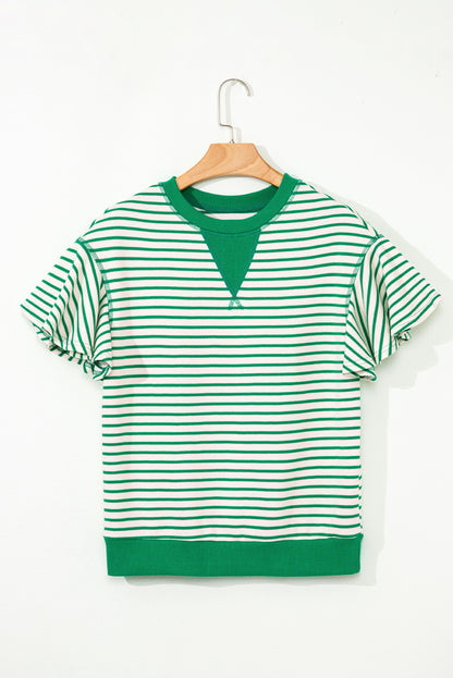 Bright Green Contrast Detail Striped Ruffle Short Sleeve Top