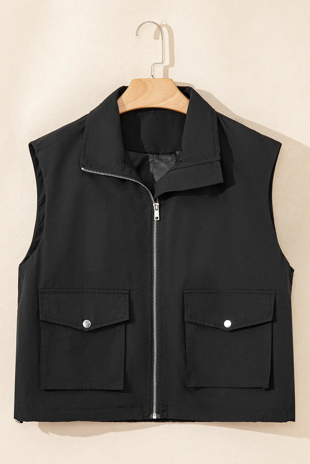 Black Flap Pockets Zip Up High Neck Vest - Chic Meadow Boutique 