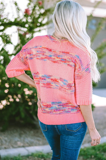 Rose Colorful Stripes 3/4 Sleeve Loose Sweater - Chic Meadow Boutique 