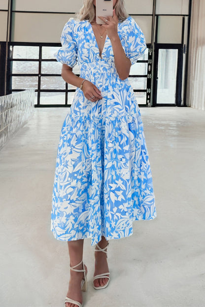 Sky Blue Floral V Neck Puff Short Sleeve Flowy Long Dress