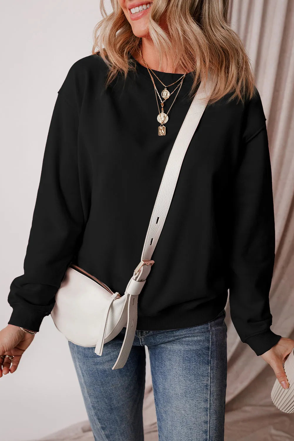 Black Solid Fleece Lined Drop Shoulder Terry Sweatshirt - Chic Meadow Boutique 