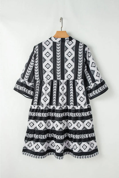 Black Geometric Print V Neck Ruffled Dress - Chic Meadow Boutique 