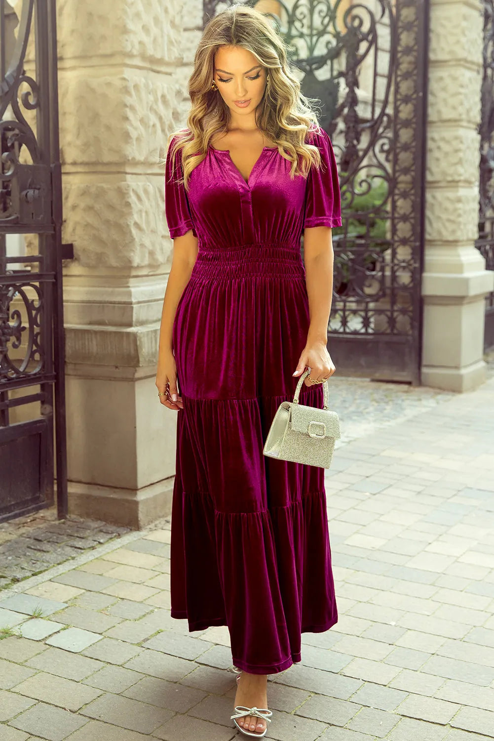 Red Dahlia Velvet Short Sleeve Shirred Waist Tiered Maxi Dress - Chic Meadow Boutique 