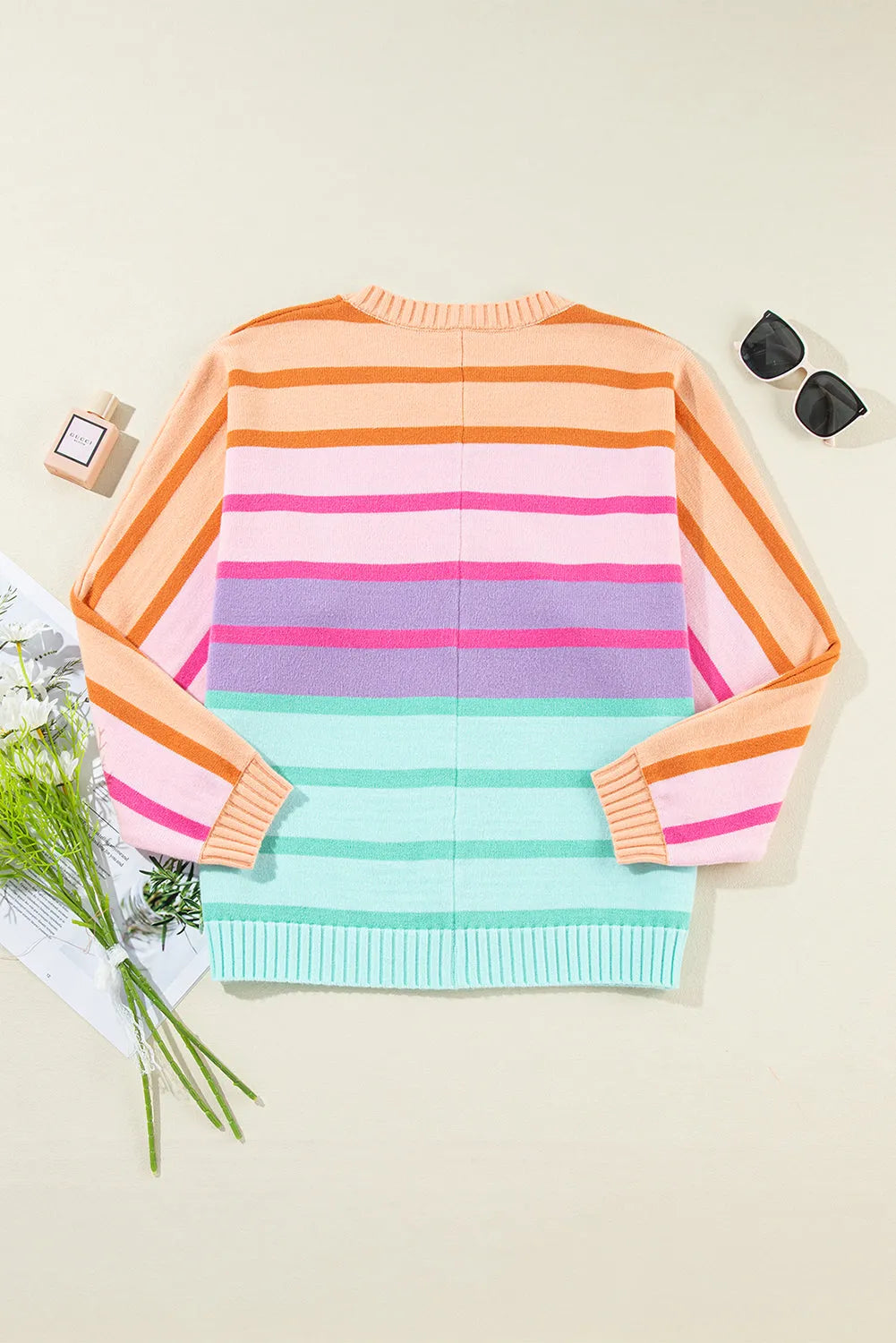 Multicolour Gradient Striped Ribbed Edge Loose Sweater - Chic Meadow Boutique 