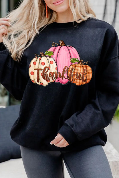 Black Pumpkin Thankful Drop Shoulder Thanksgiving Pullover Sweatshirt - Chic Meadow Boutique 