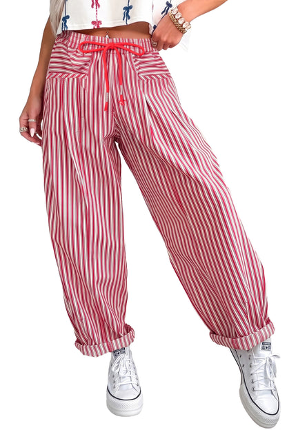 Red Stripe Drawstring Casual Loose Pants