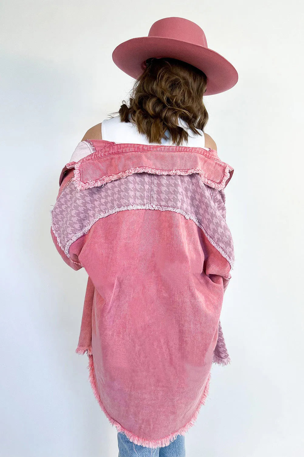 Pink Retro Distressed Houndstooth Patchwork Denim Jacket - Chic Meadow Boutique 