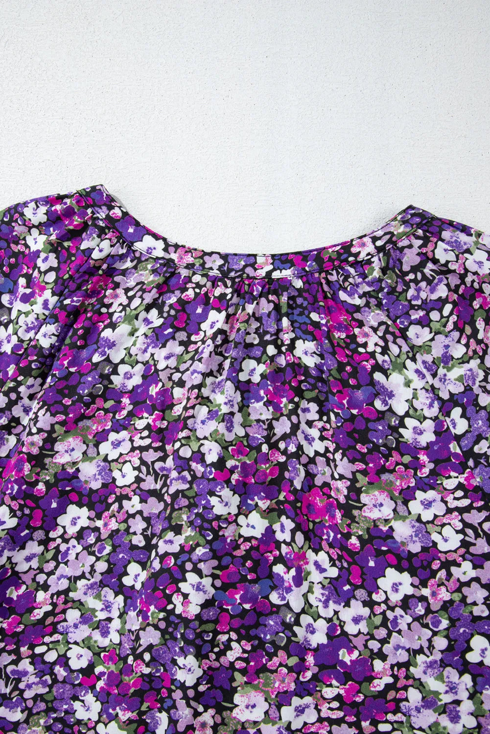 Purple Boho Flower Split V Neck Bubble Sleeve Blouse - Chic Meadow Boutique 