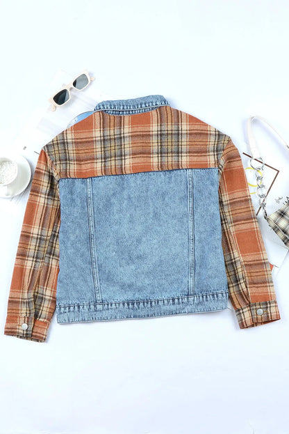 Sky Blue Medium Wash Plaid Sleeves Denim Jacket - Chic Meadow Boutique 