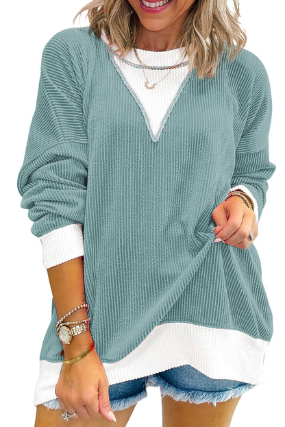 Light Blue Corded Colorblock Drop Shoulder Loose Top