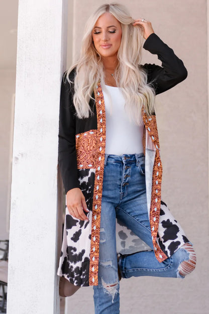 Black Western Pattern Cow Patchwork Open Front Cardigan - Chic Meadow Boutique 