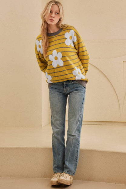 Sweaters & Cardigans/Sweaters Yellow Stripe Daisy Floral Knitted Round Neck Sweater