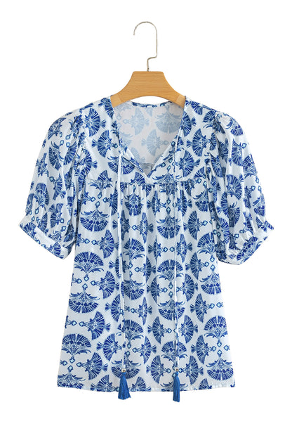 Sky Blue Geometric Print Tassel Drawstring V Neck Blouse