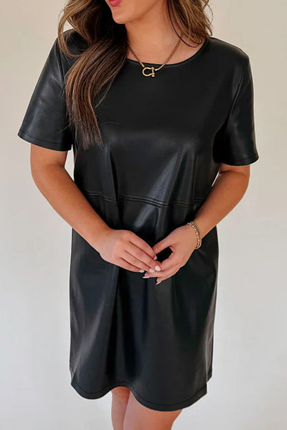 Black Faux Leather Loose T-shirt Dress