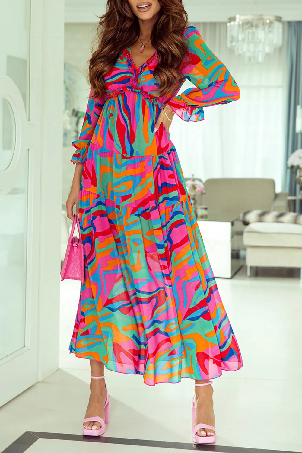 Multicolor Wild Lotus Ruffle Tiered Maxi Dress - Chic Meadow Boutique 