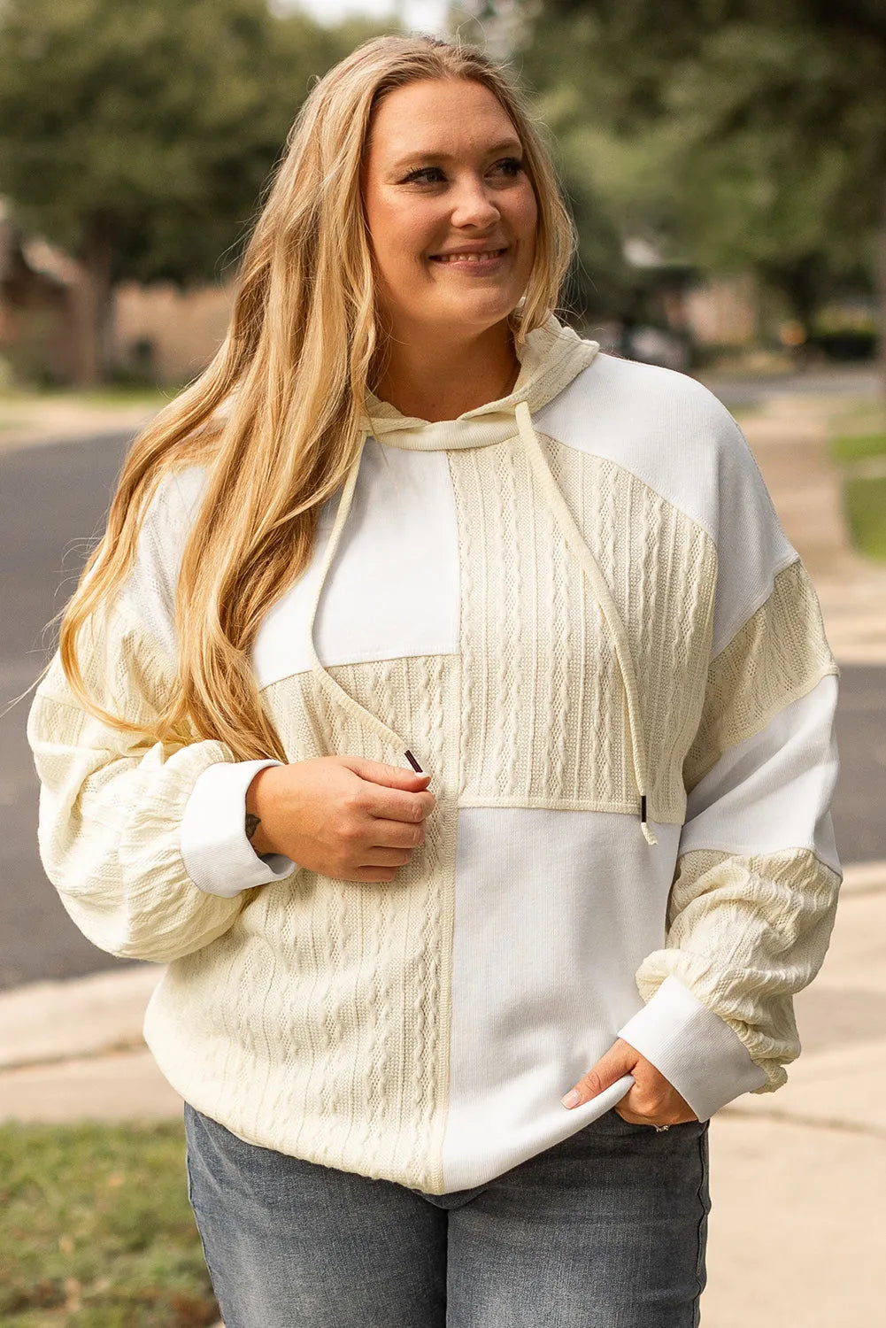 Beige Textured Patchwork Exposed Seam Plus Size Hoodie - Chic Meadow Boutique 