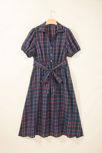 Black Plaid V Neck Belted Waist Short Sleeve Plus Size Dress
