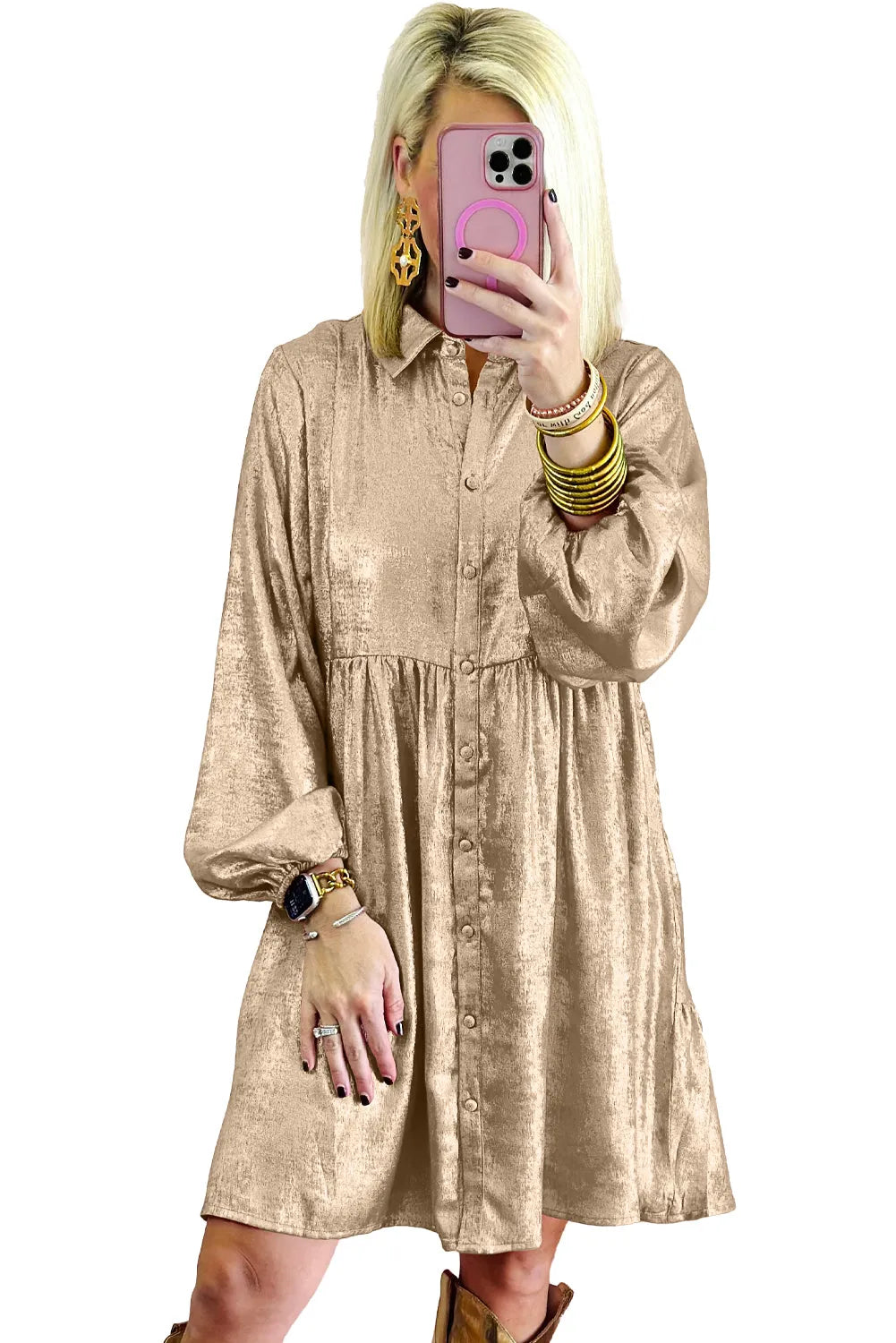 Apricot Metallic Sheen Puff Sleeve Button Up Mini Shirt Dress - Chic Meadow Boutique 