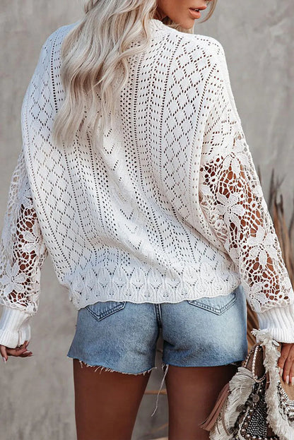 White Lace Crochet Hollow Out Knit Buttoned Sweater - Chic Meadow Boutique 