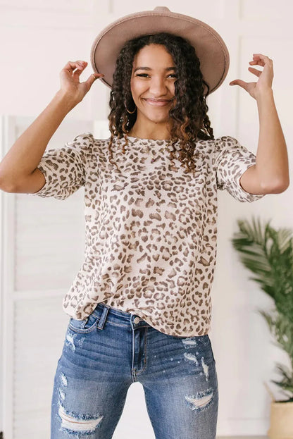 Multicolour Textured Leopard Print Ruched Sleeve T Shirt - Chic Meadow Boutique 