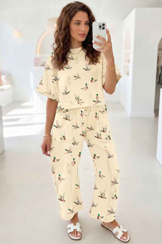 Beige Duck Print Short Sleeve Top Pocket Pants 2pcs Casual Set