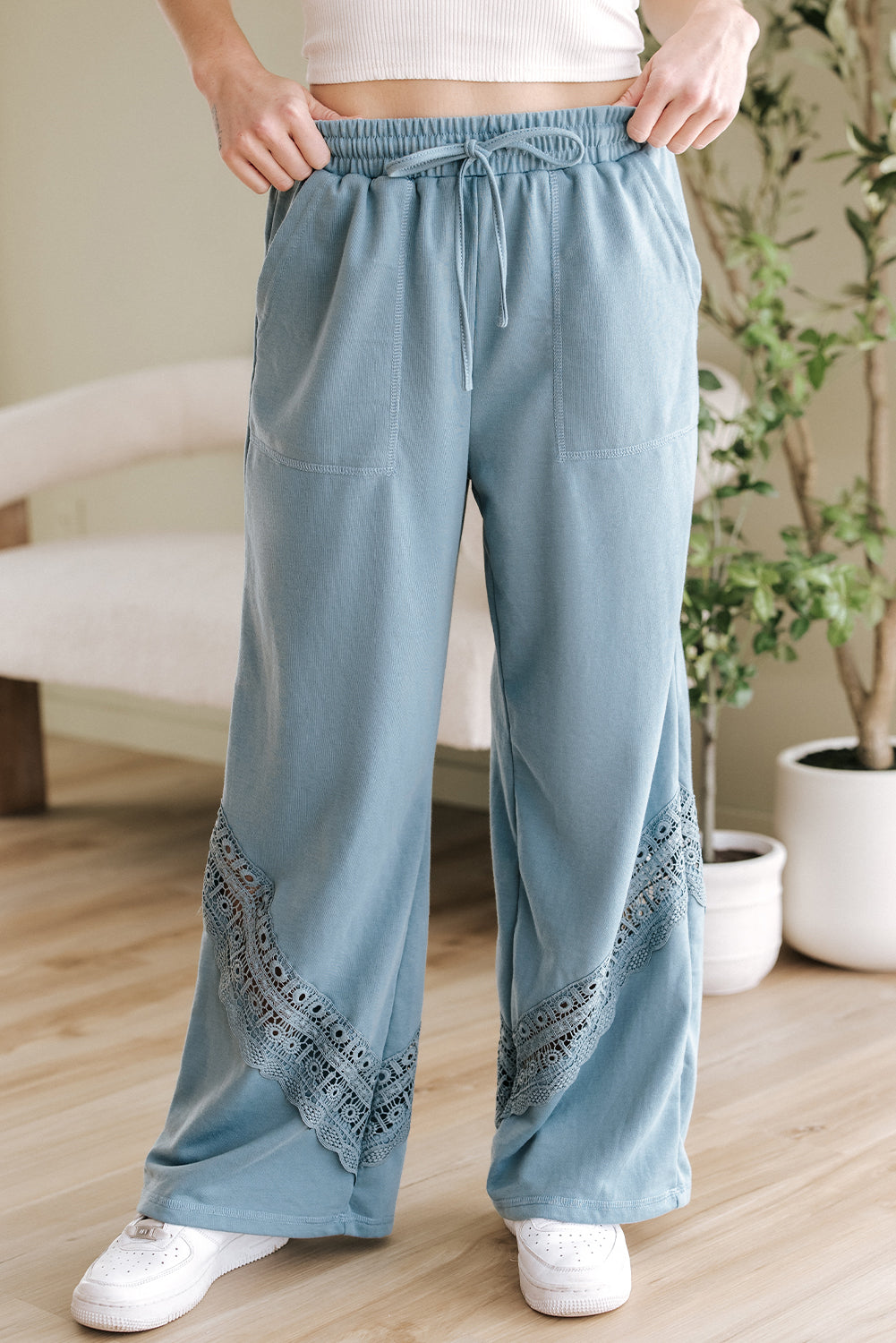 Dusk Blue Lace Crochet Patched Lace-up High Waist Wide Leg Pants