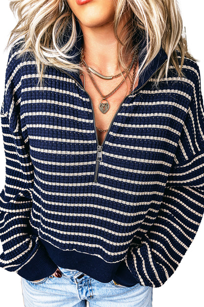 Blue Stripe Textured Knit Half Zip Collared Long Sleeve Top