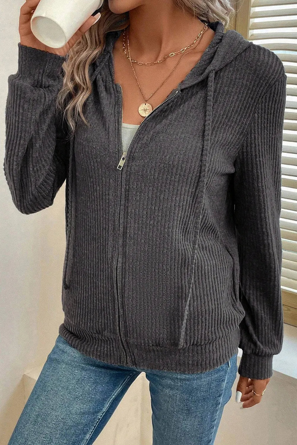 Dark Grey Ribbed Zip Up Front Drawstring Hoodie - Chic Meadow Boutique 