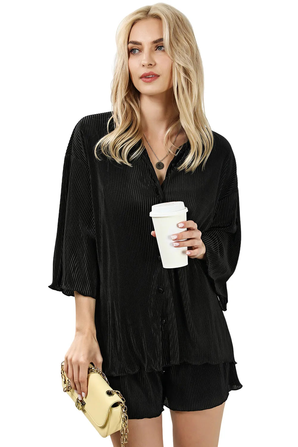 Black 3/4 Sleeves Pleated Shirt and High Waist Shorts Lounge Set - Chic Meadow Boutique 