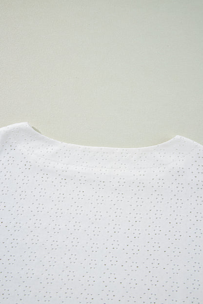 White Eyelet Pattern Boat Neck Casual Tee