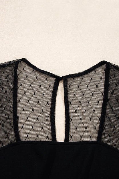 Black Polka Dot Mesh Long Sleeve Square Neck Bodysuit