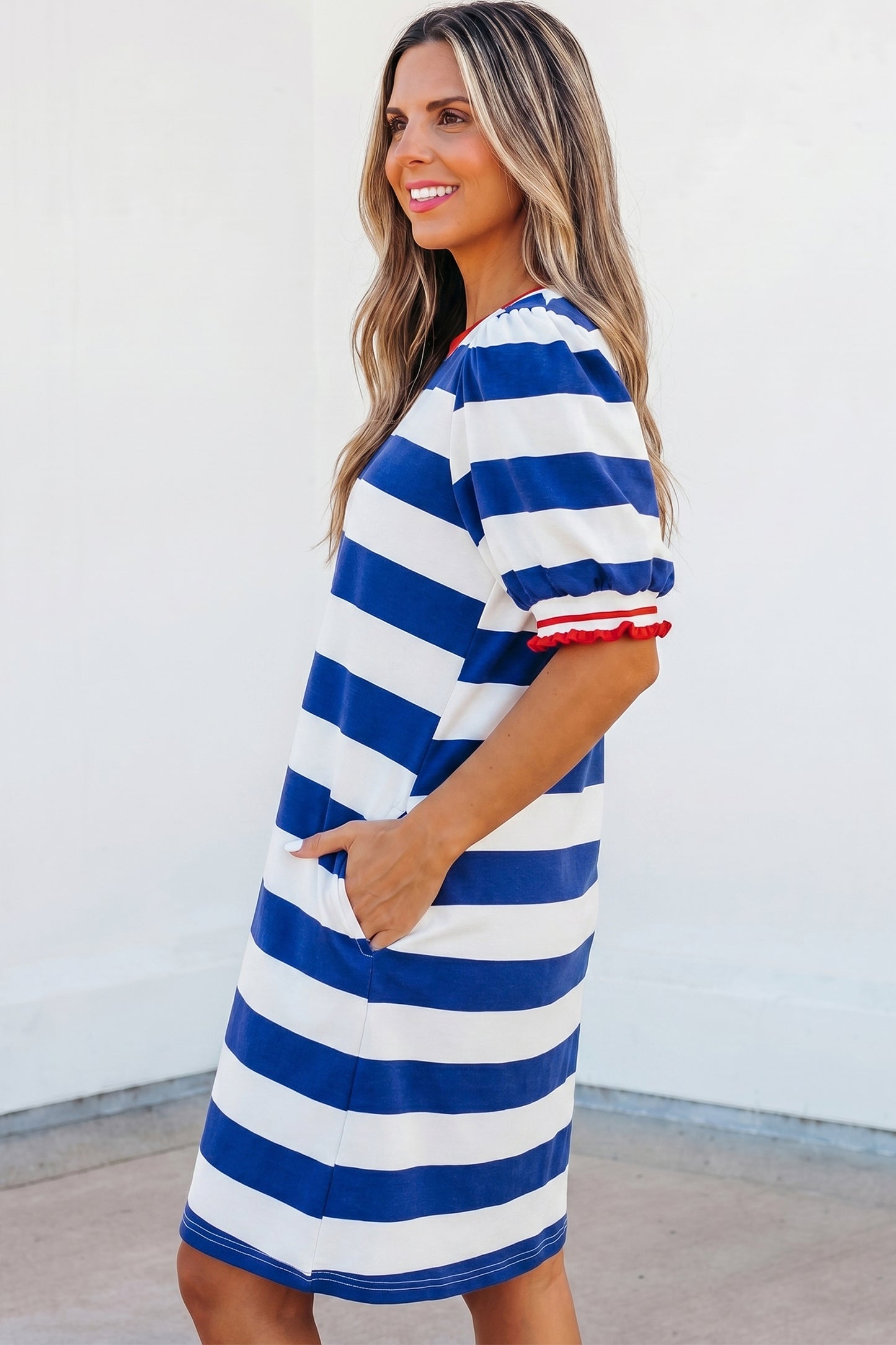 Blue Stripe Contrast Trim Round Neck Short Puff Sleeve Shift Mini Dress