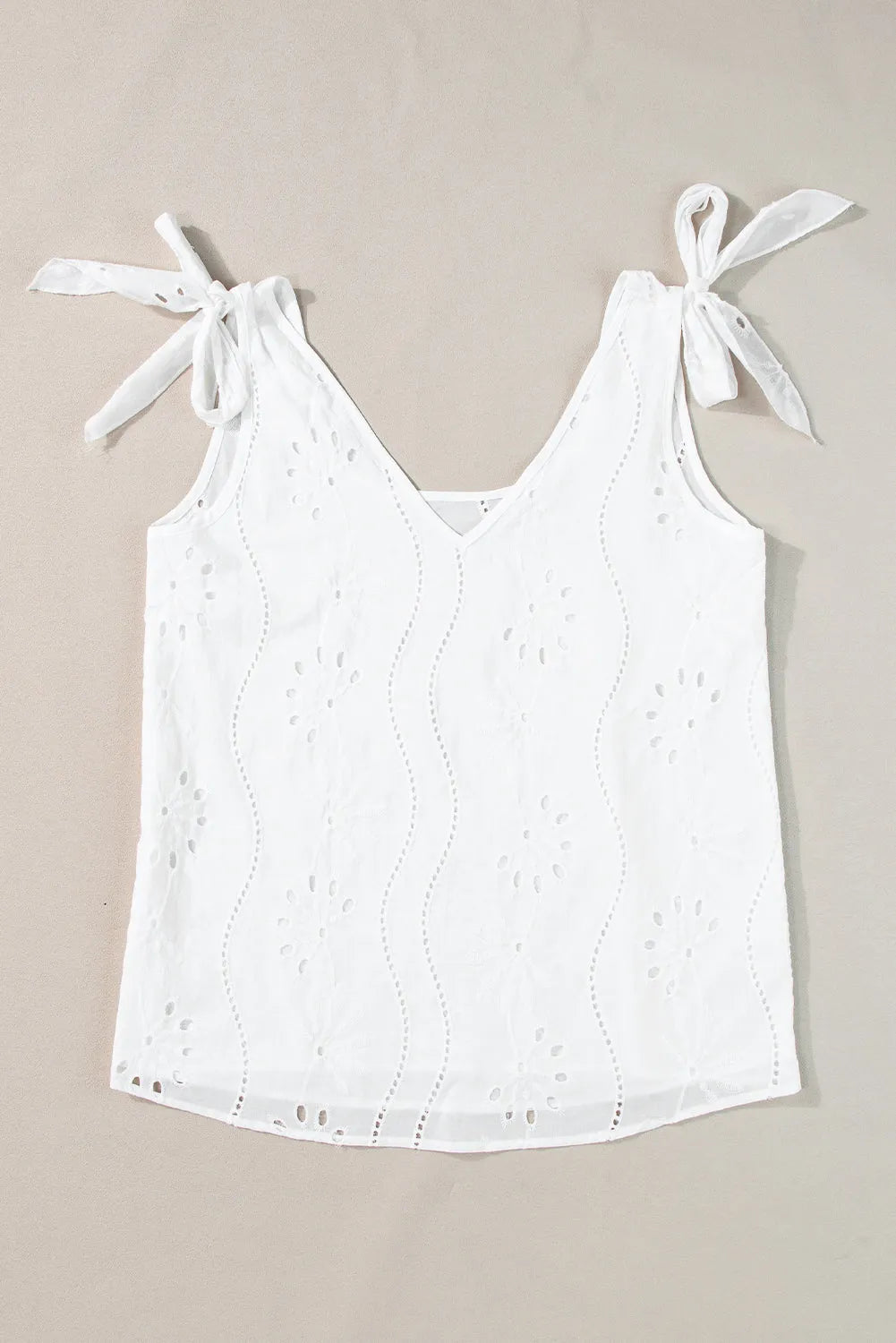 White Embroidery Patterned Knotted Straps V Neck Tank Top - Chic Meadow Boutique 