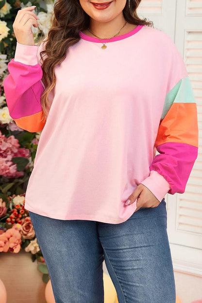 Plus Size/Plus Size Tops/Plus Size Long Sleeve Tops Pink Colorblock Patchwork Long Sleeve Plus Size Top