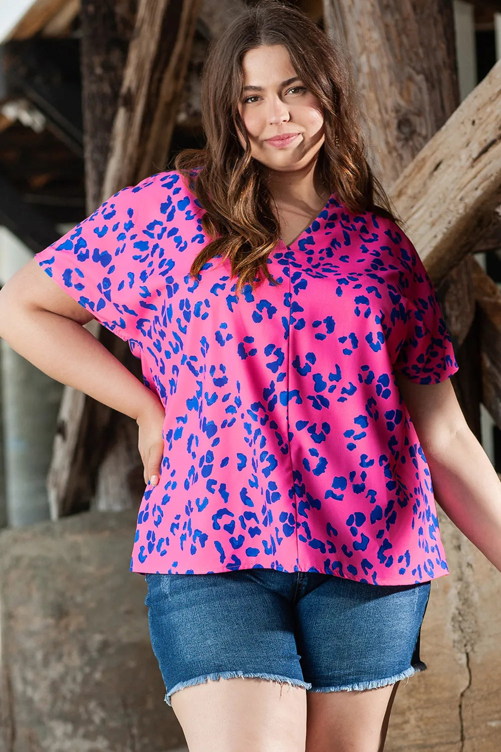 Rose Contrast Leopard Print Plus Size V Neck Blouse - Chic Meadow Boutique 