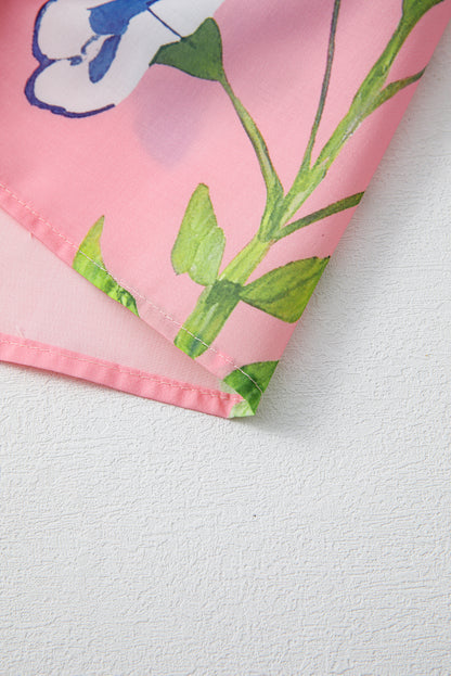 Pink Floral Print Striped Notched V Neck Bubble Sleeve Blouse