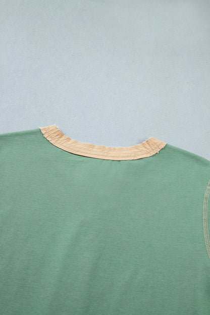 Mint Green Raw Seam Color Block Detail Buttoned Henley Tee