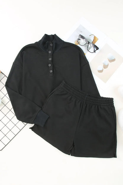 Black Casual High Neck Henley Top and Short Outfit - Chic Meadow Boutique 