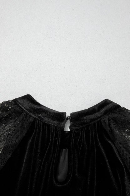 Color Black Solid Color Sheer Lace Long Sleeve Patchwork Stand Neck Velvet Blouse