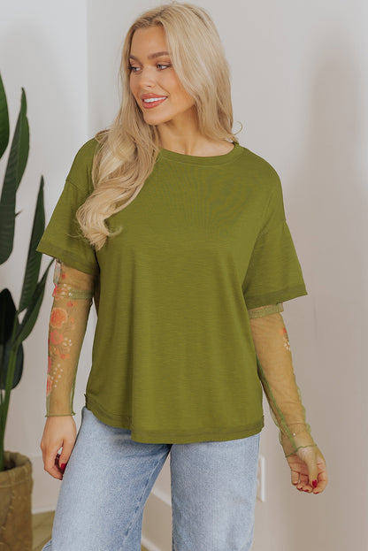 Fern Green Faux Two Piece Floral Long Sleeve Patchwork Tee