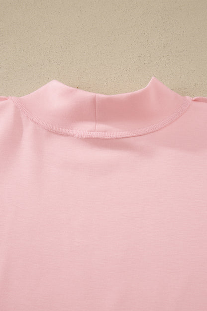 Light Pink Solid Color Exposed Seam Mock Neck Oversize Tee Casual Shorts 2pcs Outfit