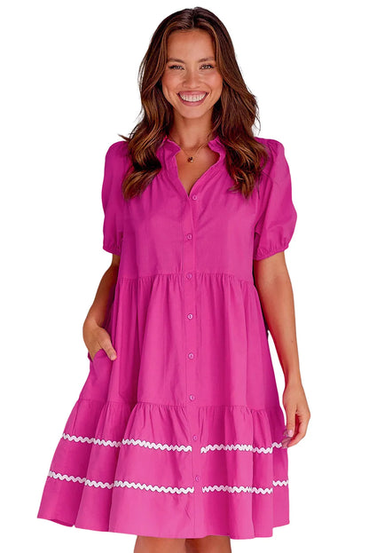 Rose Red Puff Sleeve Contrast Ric-rac Shirt Dress - Chic Meadow Boutique 