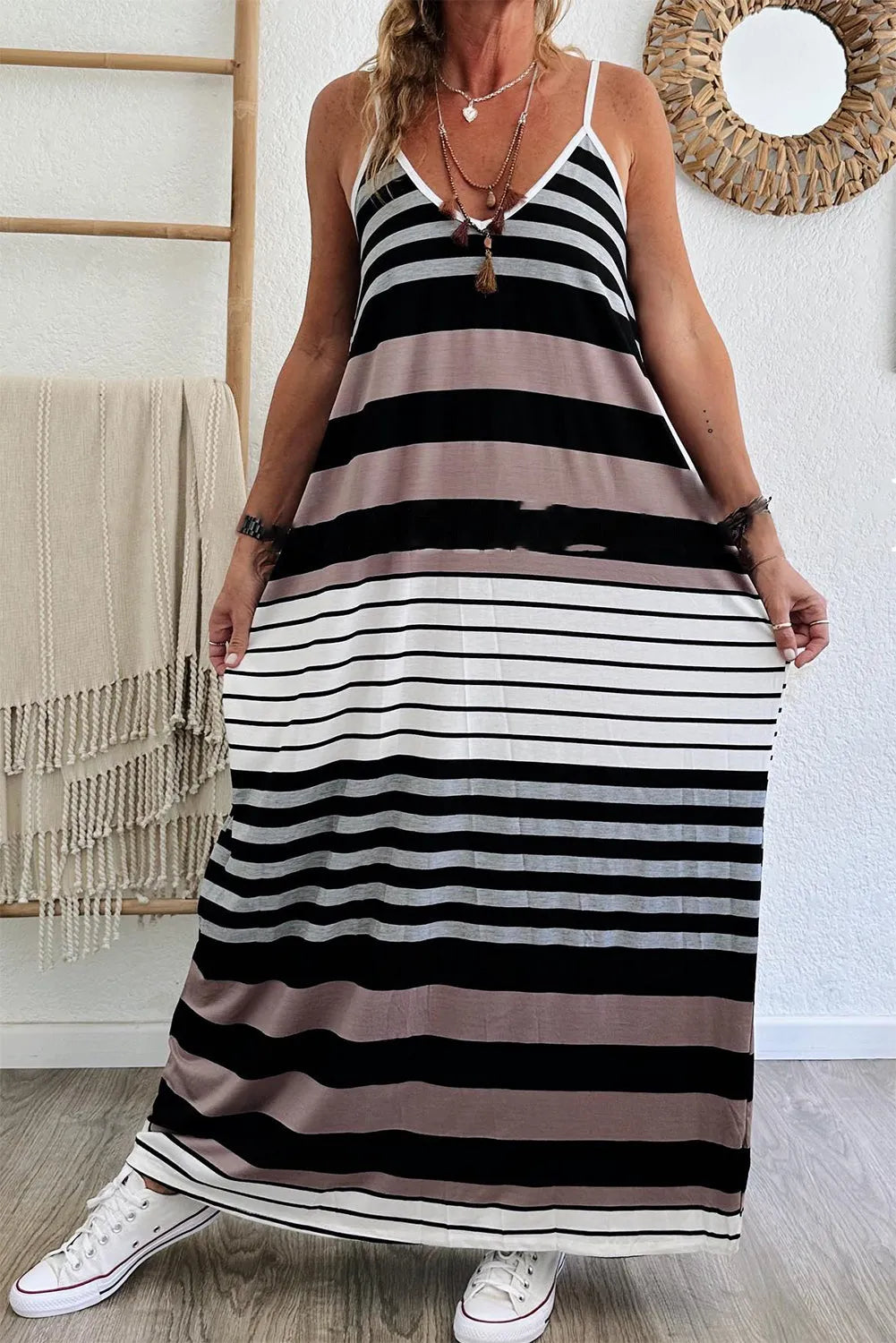 Dresses/Maxi Dresses Multicolour Mixed Stripes Spaghetti Straps V Neck Maxi Dress