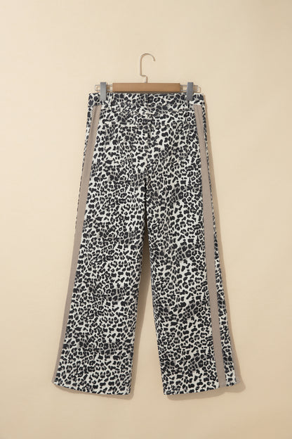 Khaki Leopard Print Drawstring Waist Straight Leg Jeans